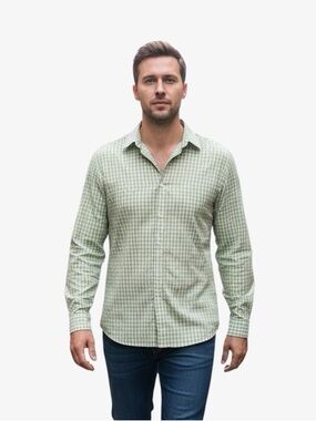 Kenneth Cole Reaction Slim Fit Dress Shirt Green Gray Check Size 18 34/35